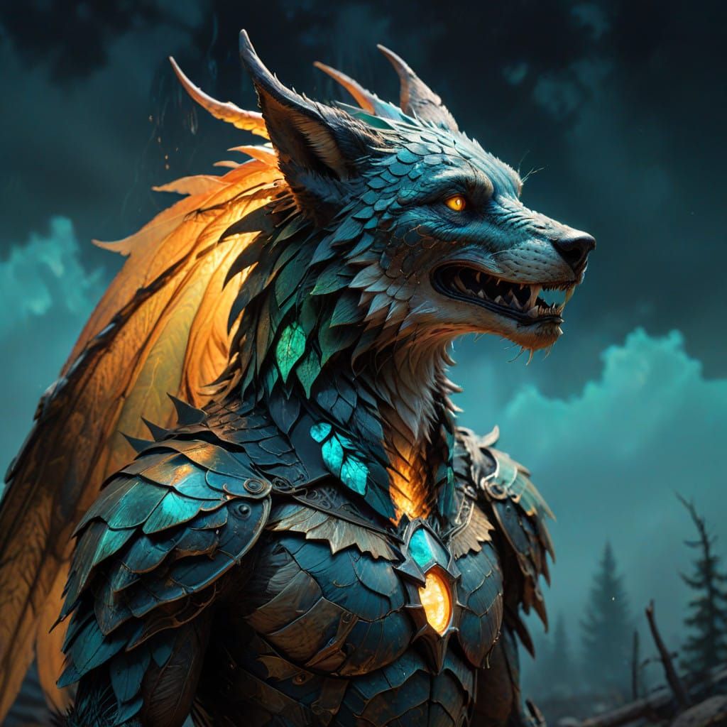 Majestic Dragon-Wolf Hybrid Soars with Iridescent Scales