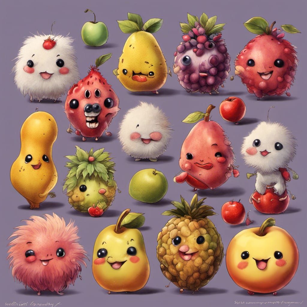 Cute Fluffy Chibi Fruits: Hyperdetailed Fantasy Art