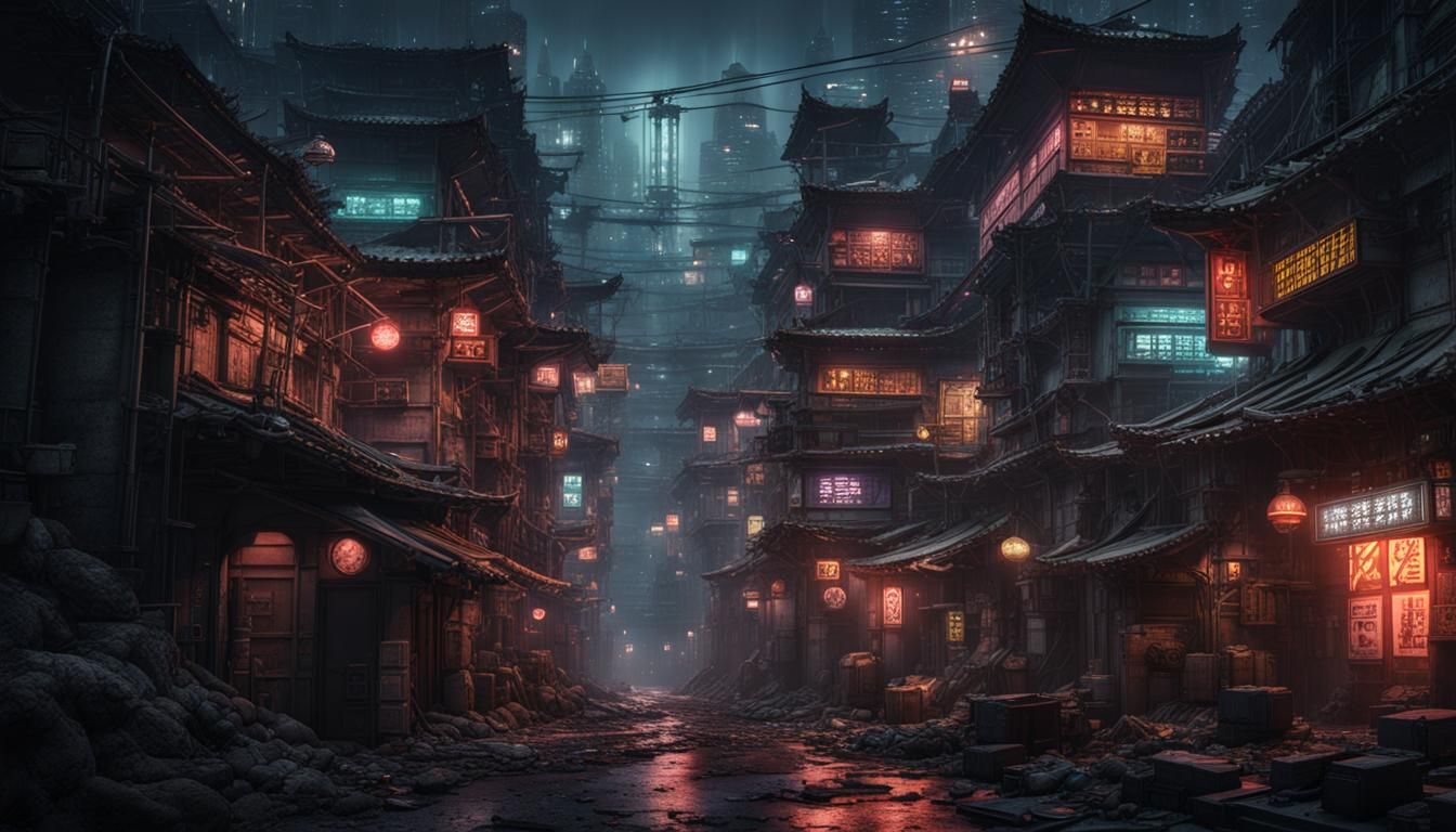 Cyberpunk Kowloon Walled City at Night
