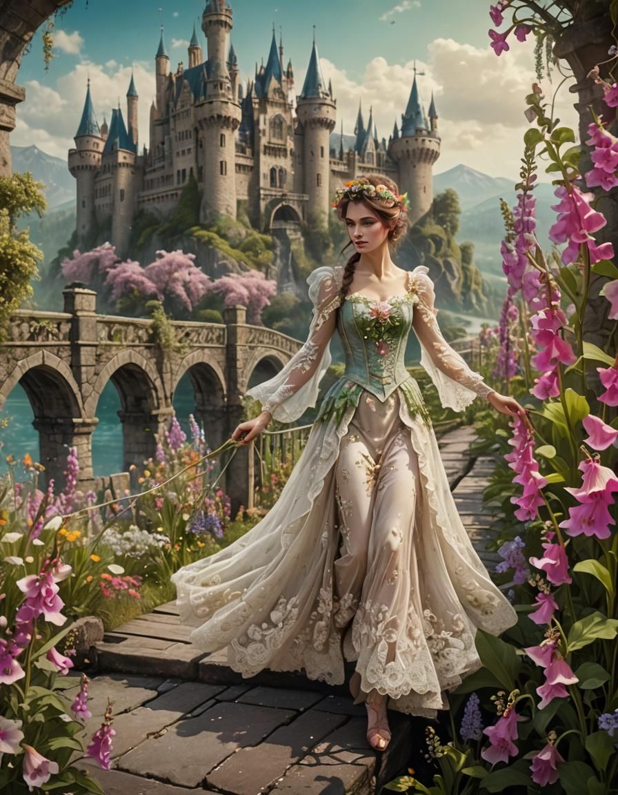 Spring Fairy on Floral Bridge, Detailed Matte Painting