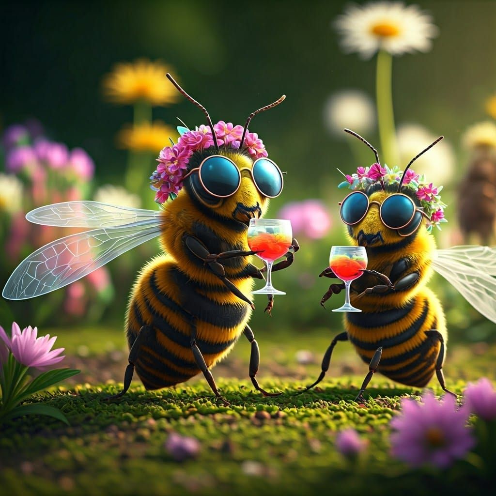 Glowing Bees Celebrate Summer Equinox in Vibrant Garden Scen...