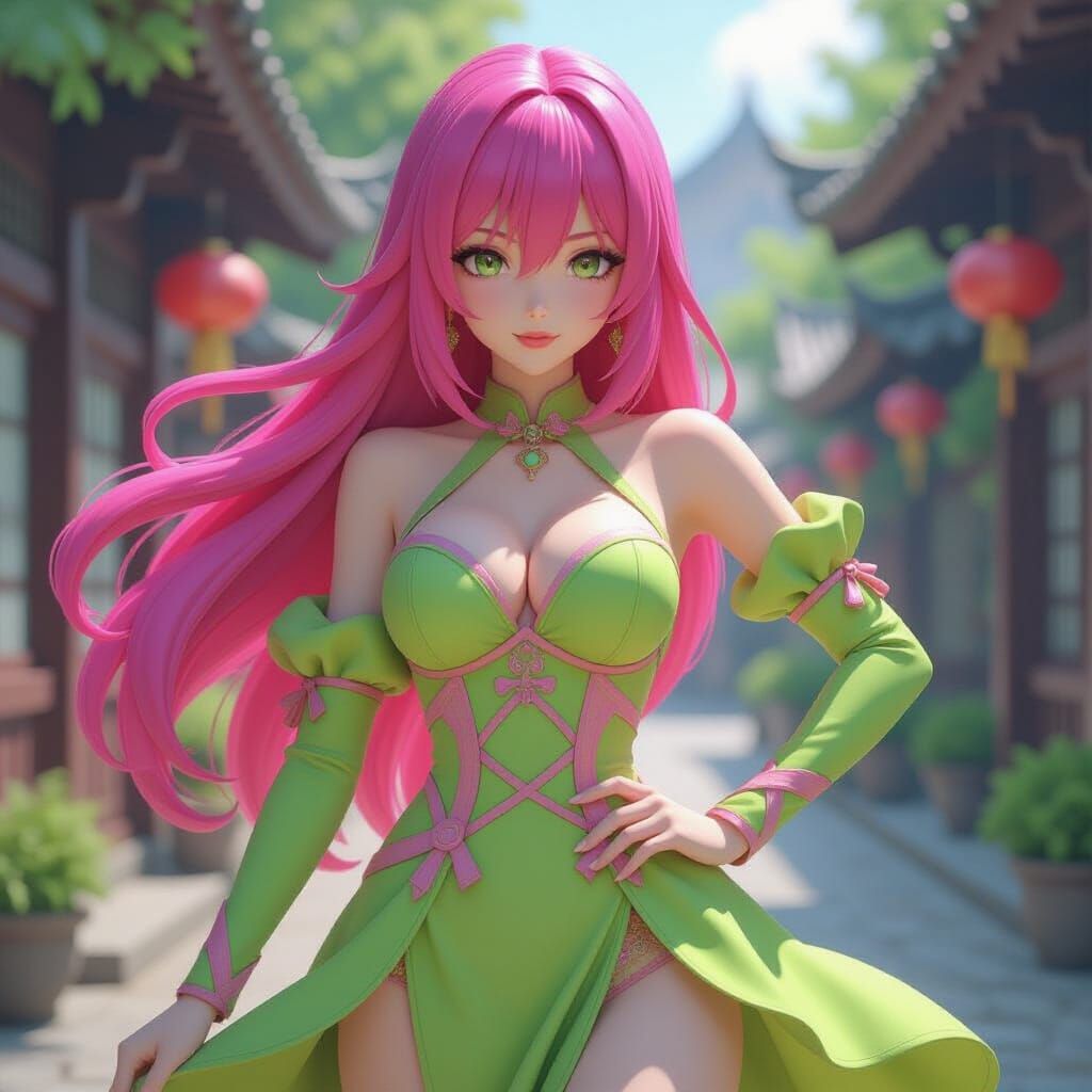 Anime Woman with Pink and Green Hair