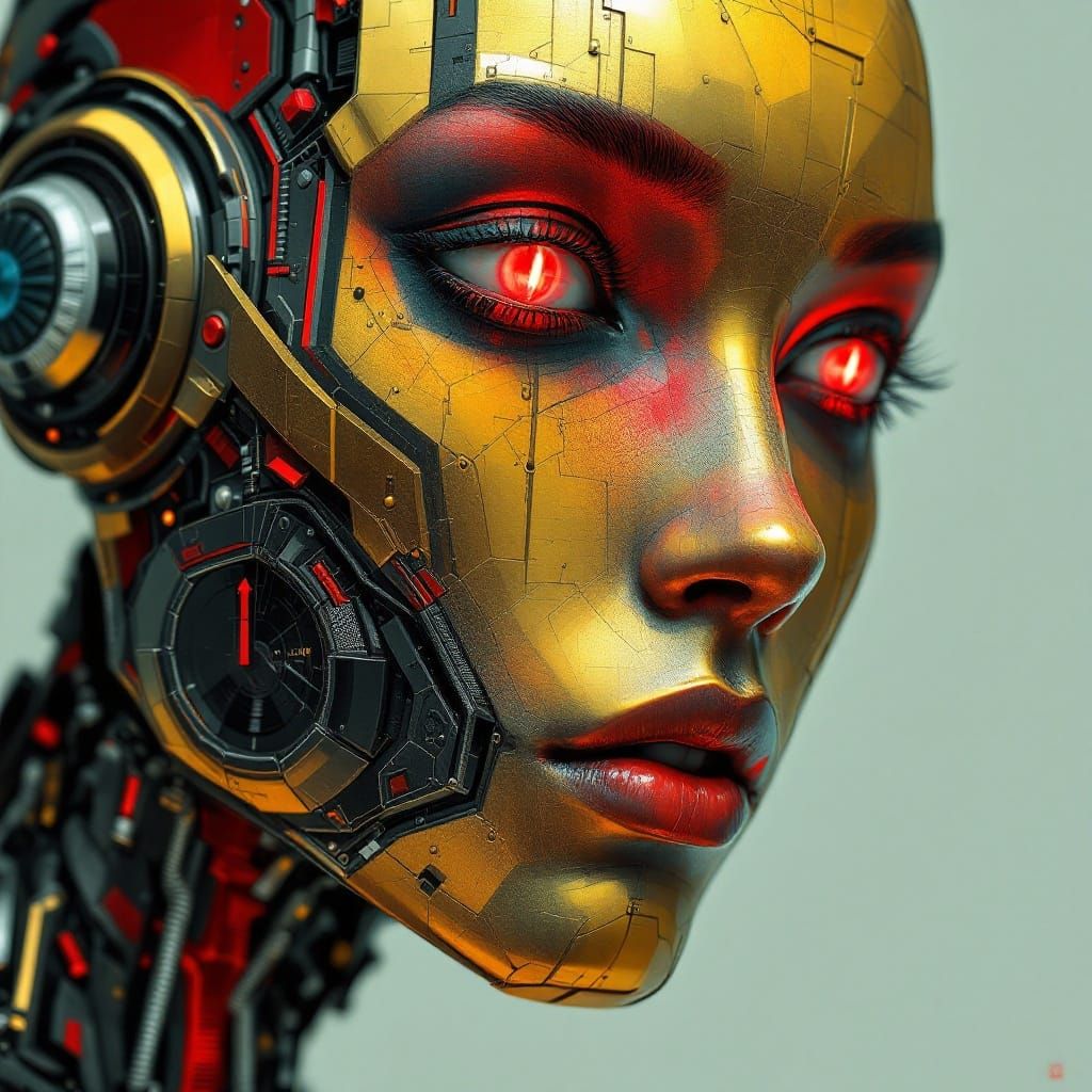 Golden Robot Guardian in Dark Realism