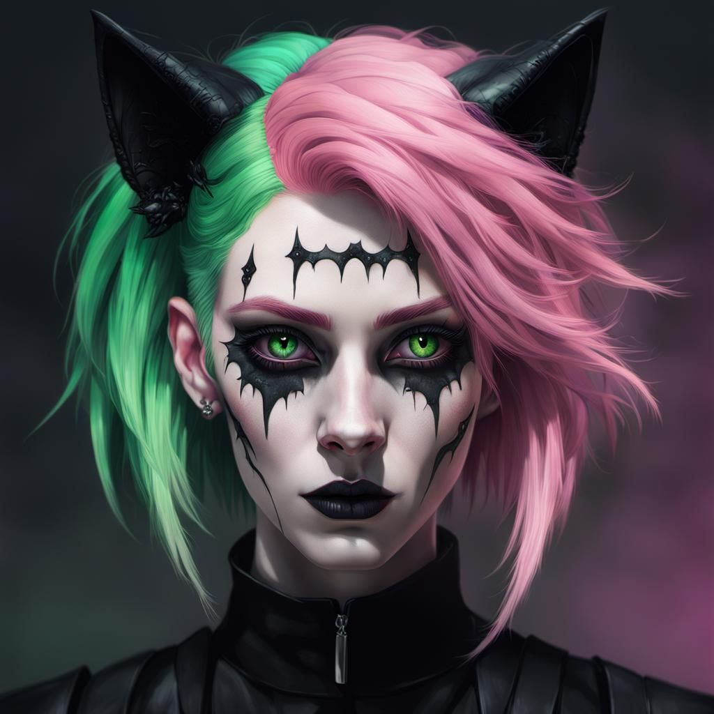 Eerie Genderfluid Portrait with Cat Ears in Gothic Style