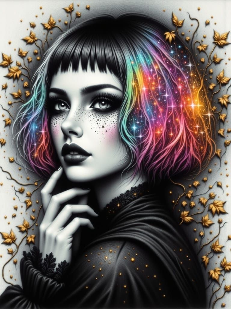 Ethereal Gothic Woman with Red Hair in Surreal Charcoal