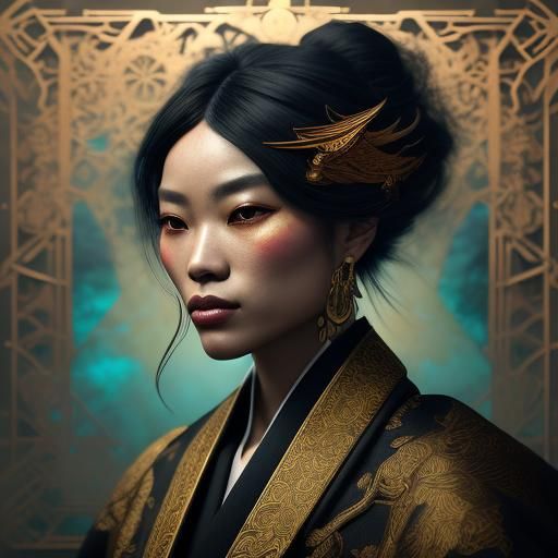 Warrior in Kimono: Art Nouveau Portrait