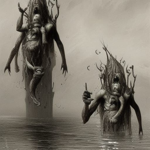 Horrific Fish Heads in Engraving Style