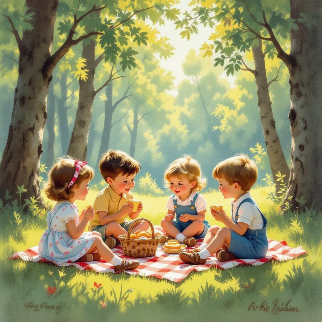 Children's Forest Picnic in Illustrated Style