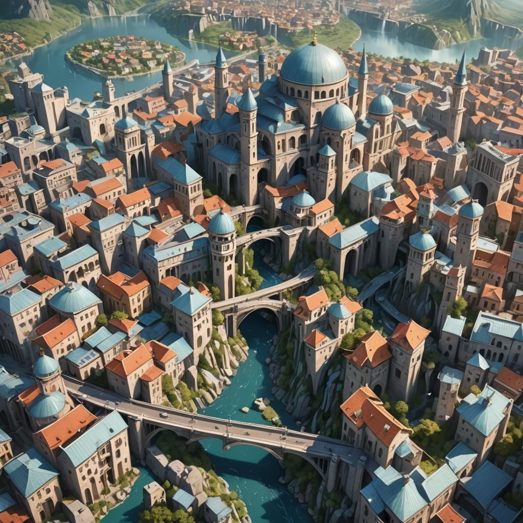 Fairytale Cityscape with Waterfalls and Bridges