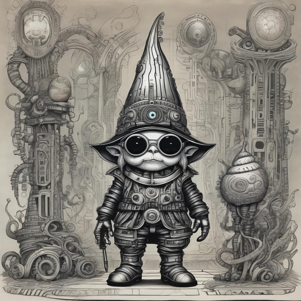 Giger-Inspired Gnome Rides Striped Snail in Doodle Art
