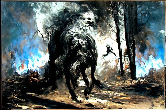 Hell Hound in Burning Forest: Dark Fantasy Art