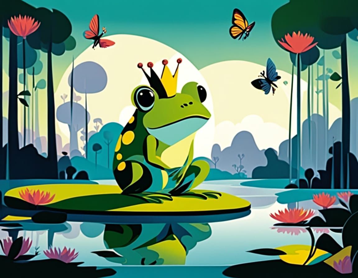 Cartoon Frog Prince on Lily Pad in Children's Book Style