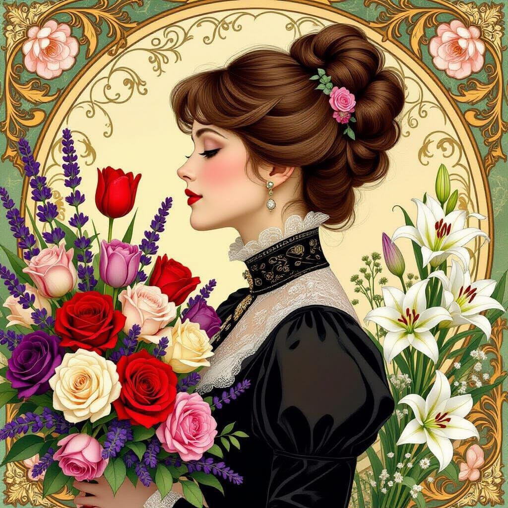 Victorian Woman with Flowers in Art Nouveau Style