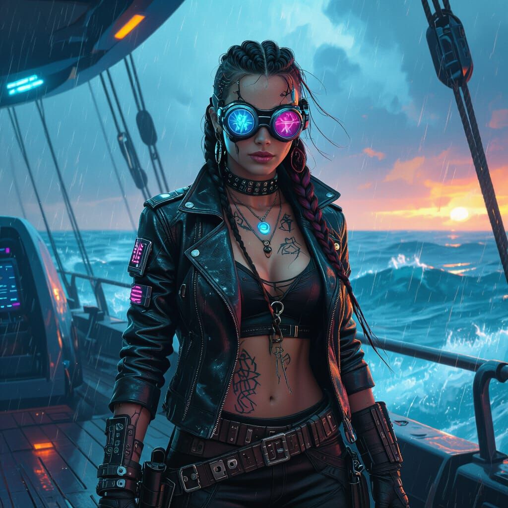 Cyberpunk Pirate Queen on Stormy Seas