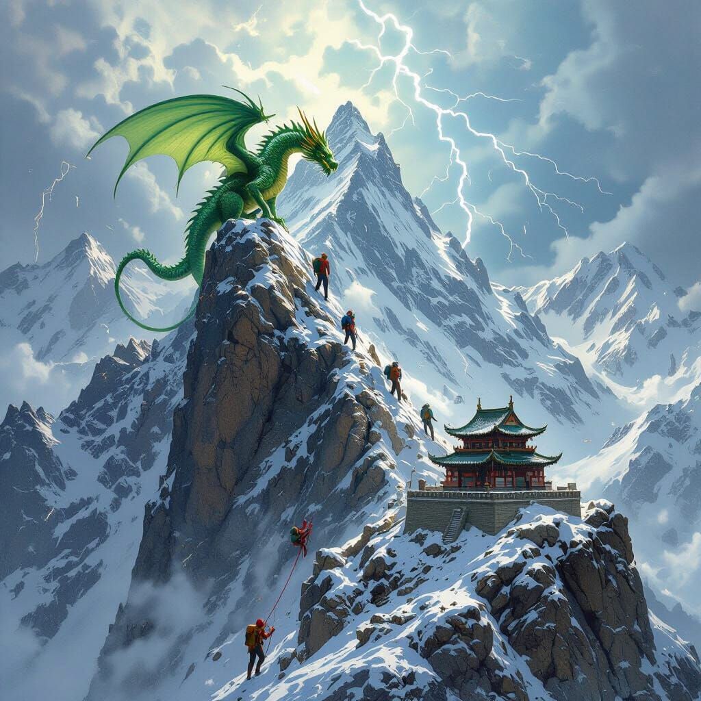 Epic Fantasy Scene: Dragon, Castle, and Climbers in Swiss Al...