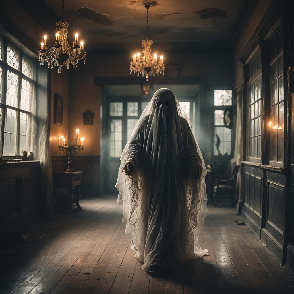 Eerie Ghost Roams Haunted House in Cinematic Style