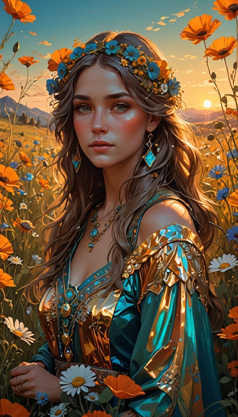 Golden Portrait Amidst Wildflowers in Art Nouveau Style