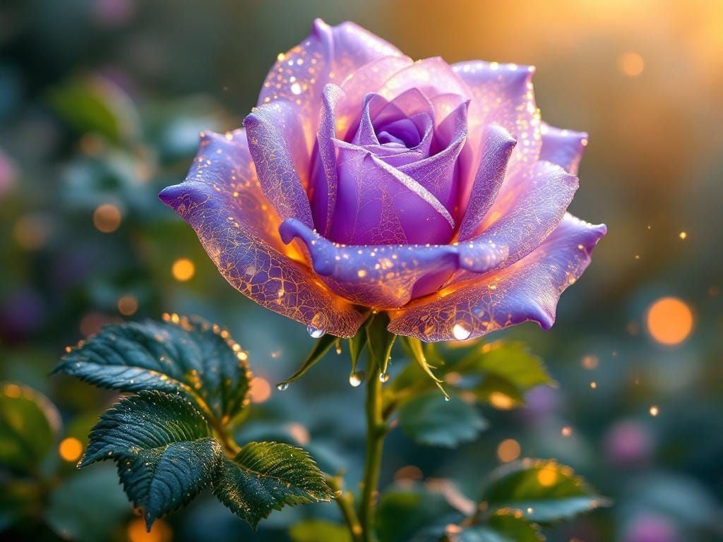 Bioluminescent Violet Rose with Golden Filigree