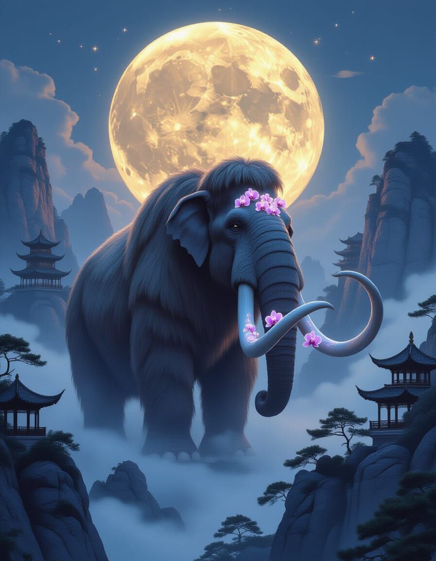 Mammoth with Bioluminescent Orchids in Shan Shui Style
