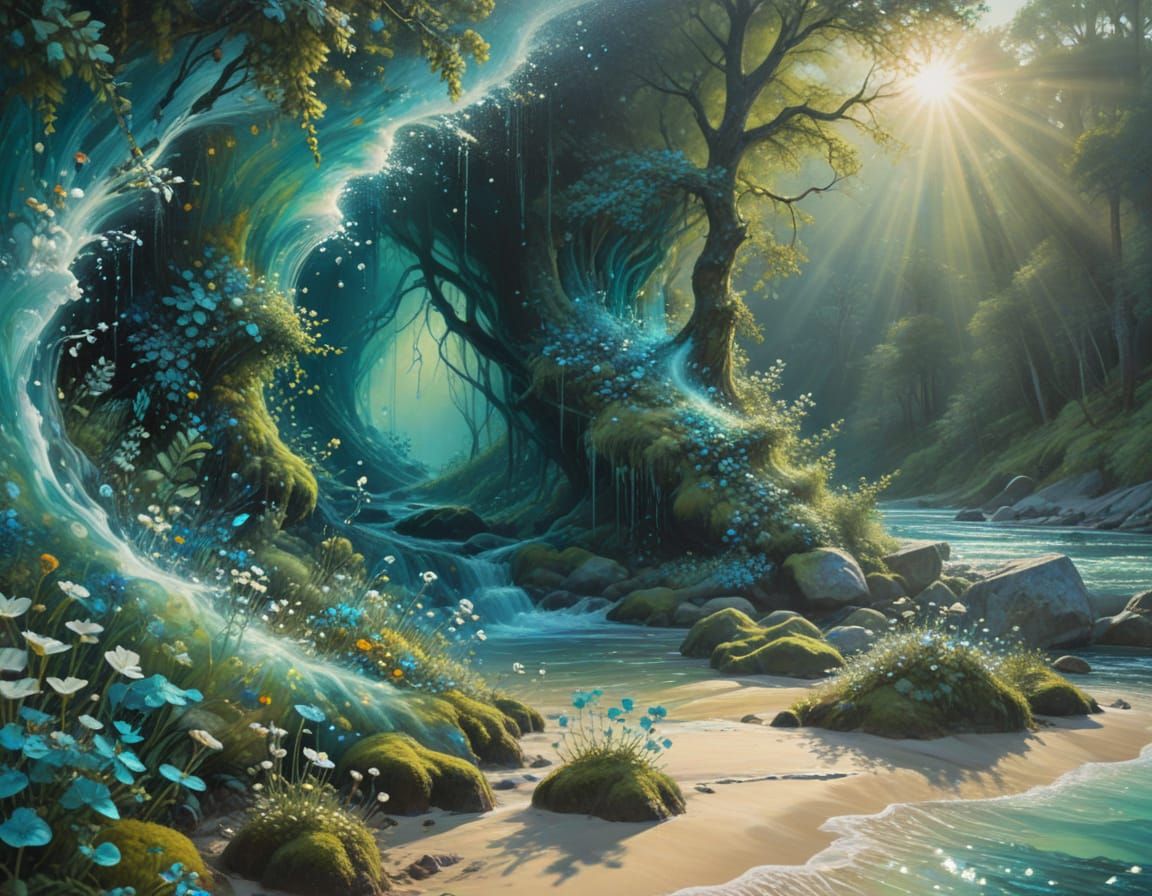 Surreal Forest River in Vibrant Oil Painting
