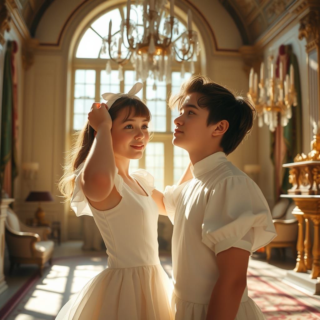 Girl Adorns Boy with Ribbon in Opulent Villa