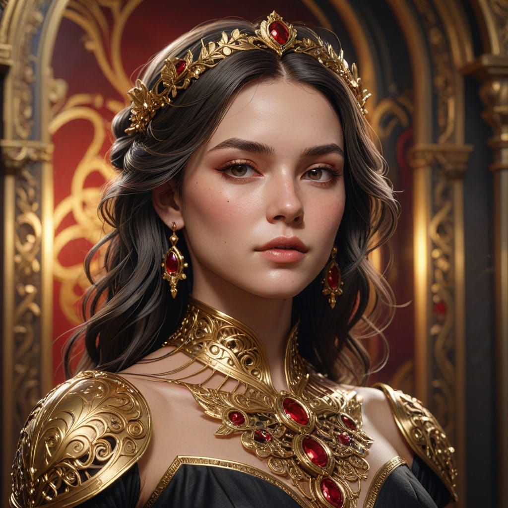 Regal Gold Queen Portrait in Art Nouveau Style