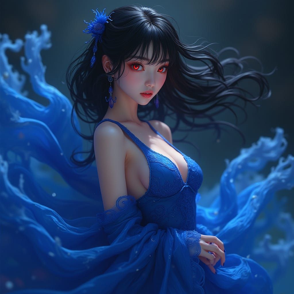 Asian Goddess in Vibrant Cobalt Blue Dress