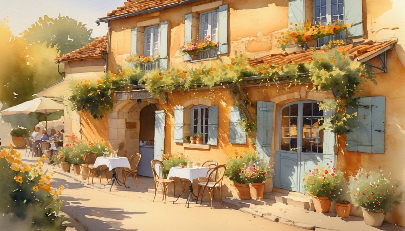 French Village Cafe in Impressionist Watercolor Style