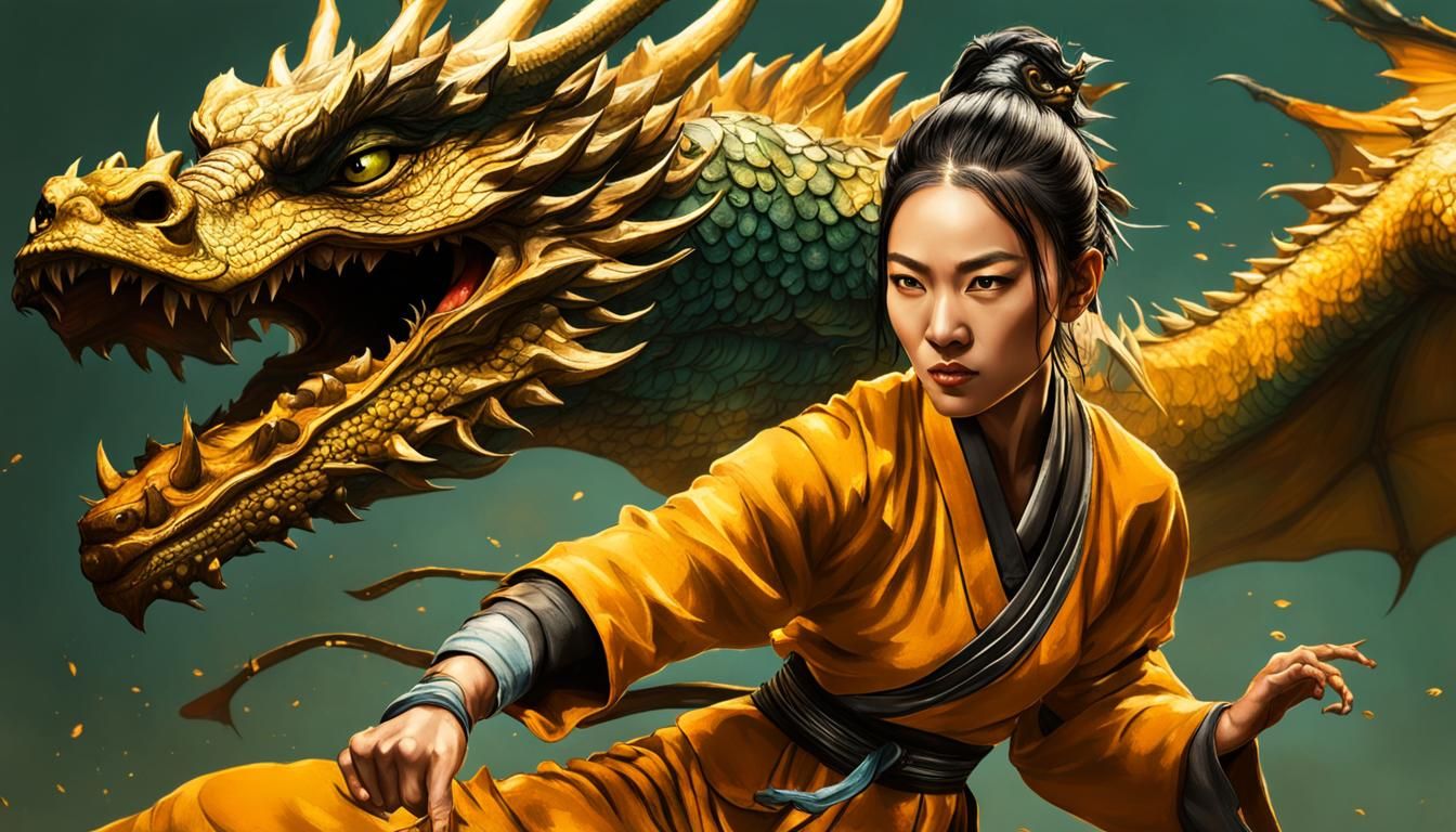 Shaolin Master and Dragon Soaring, Hyperrealistic Art