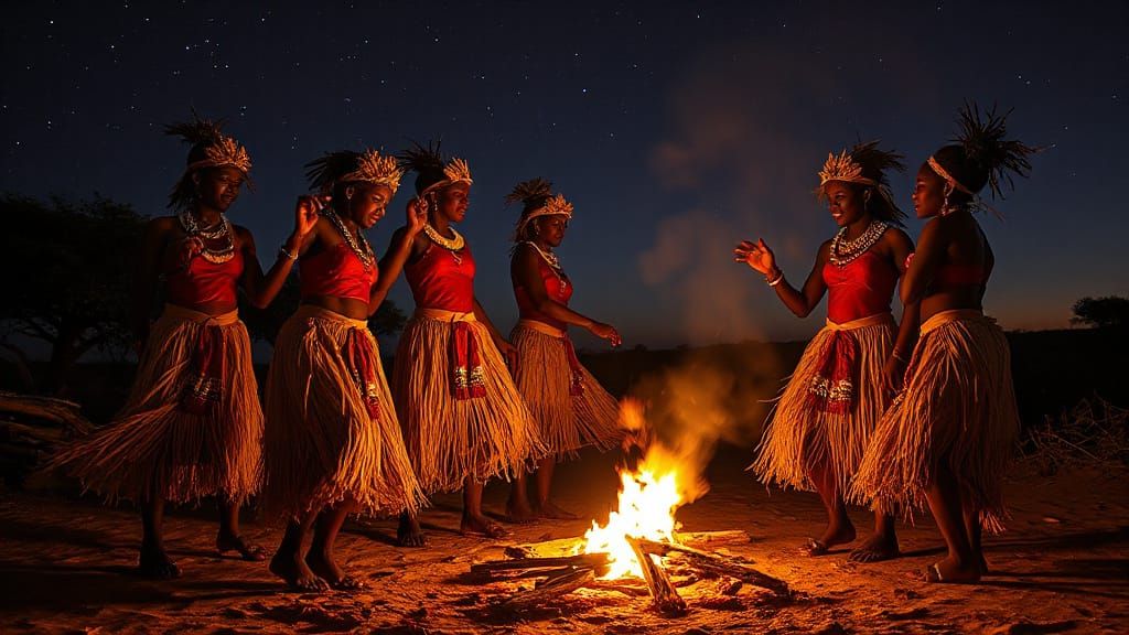 Zulu Women Dance by Bonfire in Straw Costumes