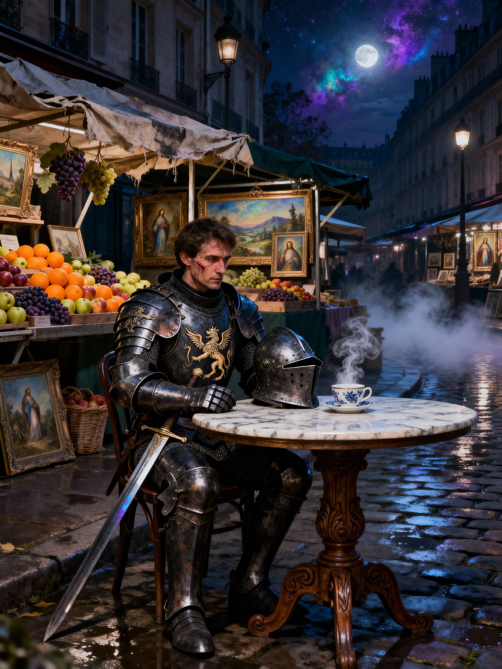 Medieval Knight in Dim Parisian Marketplace