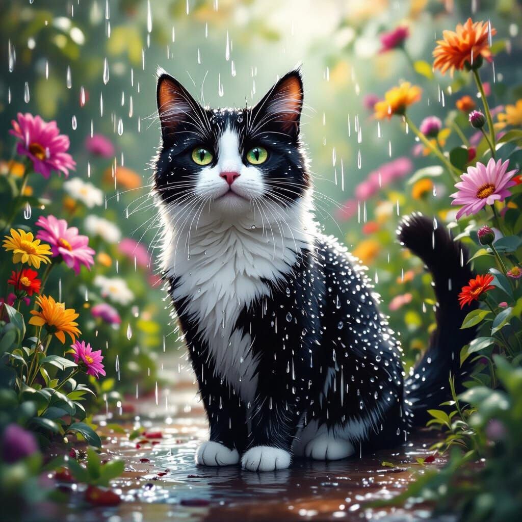 Tuxedo Cat Plays in Rainy Flower Garden