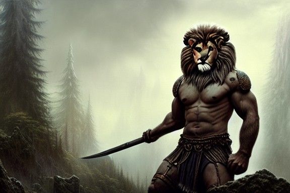 Lion-Man Barbarian with Axe in Dark Fantasy Style