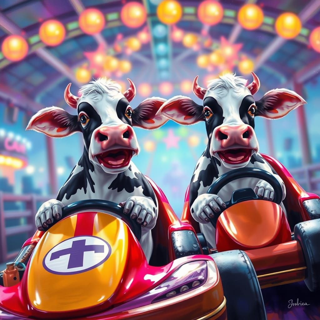 Holstein cows riding go-karts at an amusement park