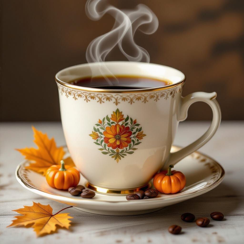 Giant Coffee Cup with Autumn Decor and Pumpkins