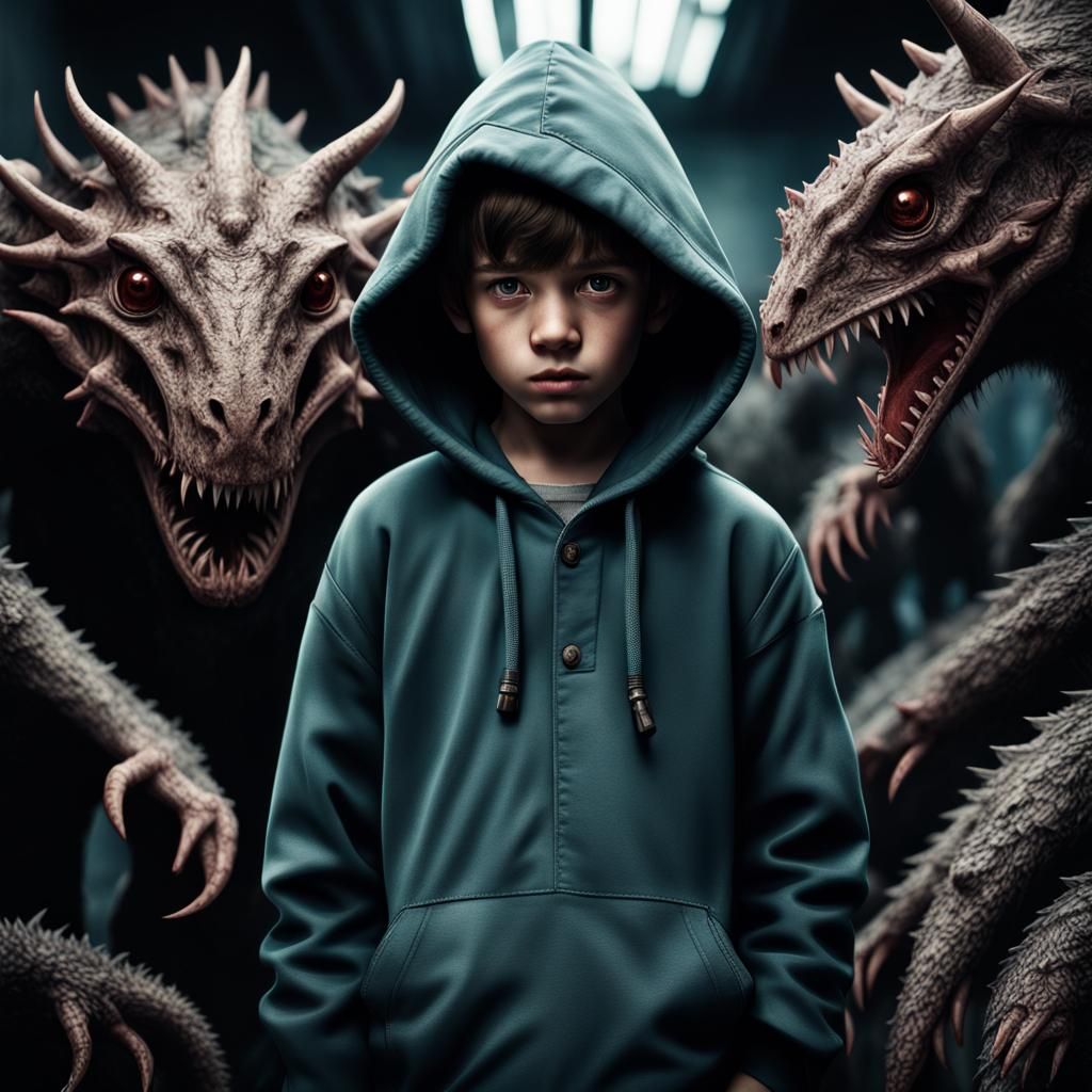 Mysterious Hooded Boy Surrounded by Monsters