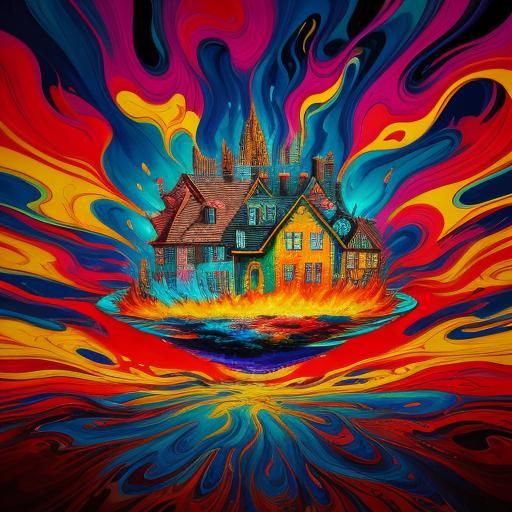Vibrant Surrealist Dreamscape with Burning Car, Fauvism Styl...