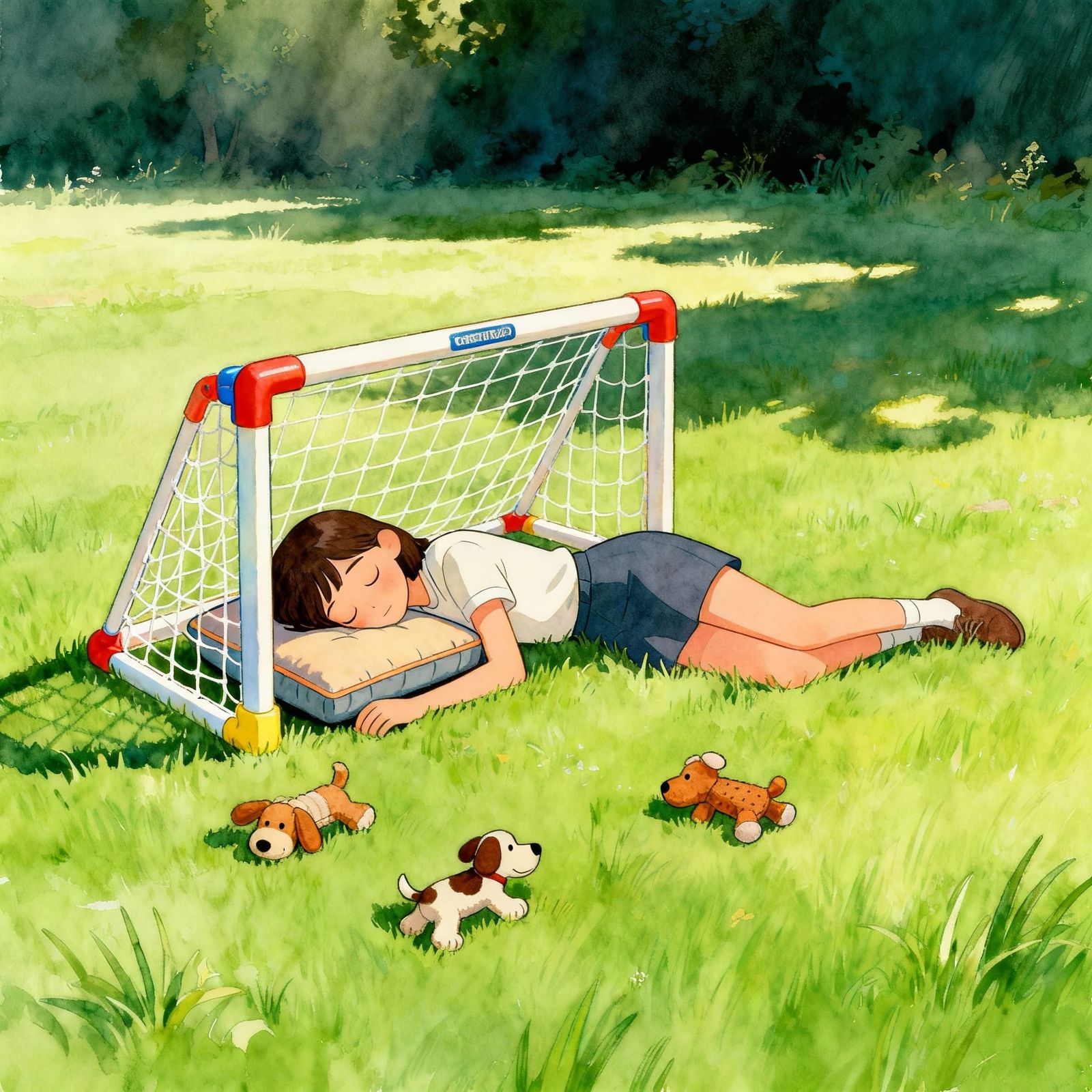 Girl Sleeping in Toy Soccer Goal Whimsical Illustration
