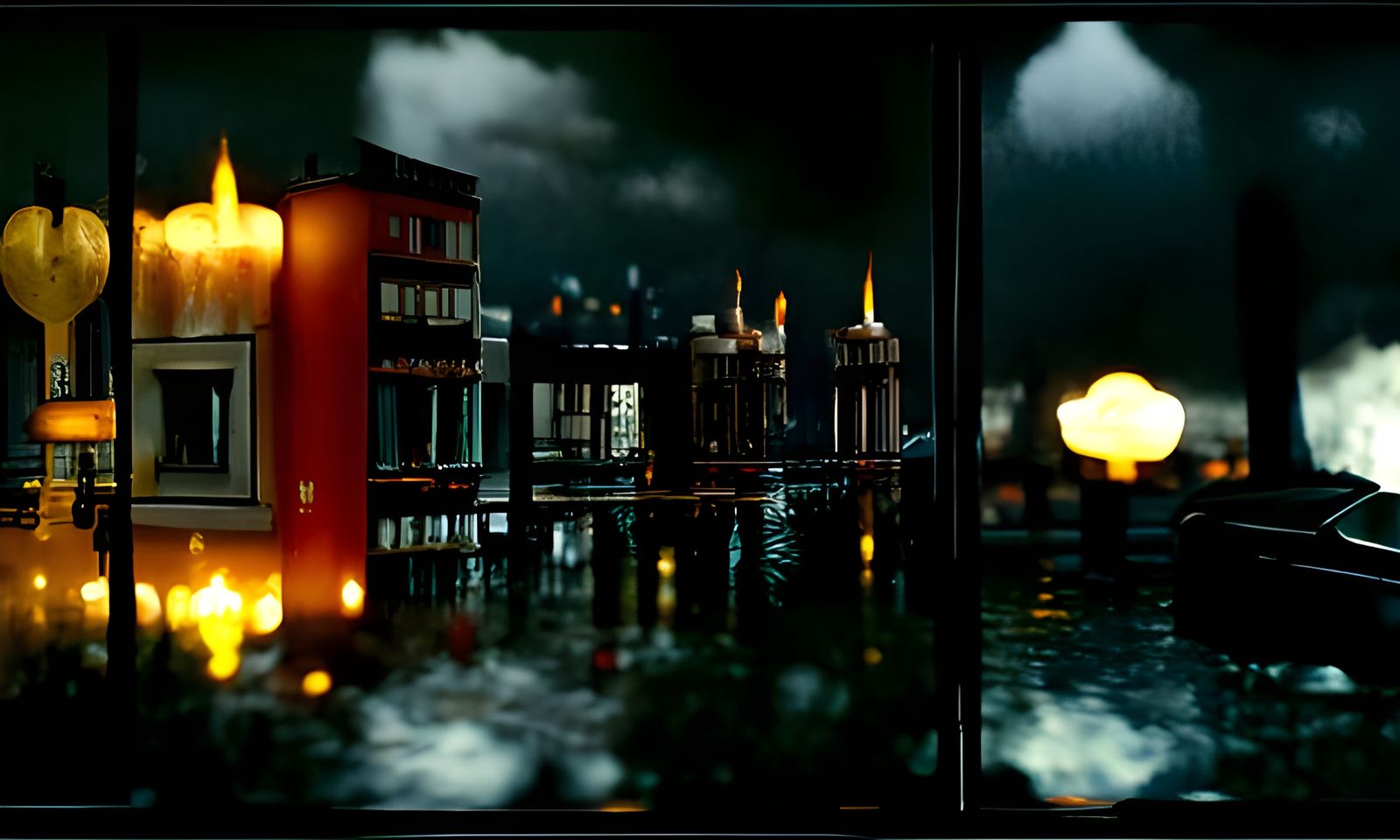 Nature Morte Cityscape Reflecting on Stormy Lake