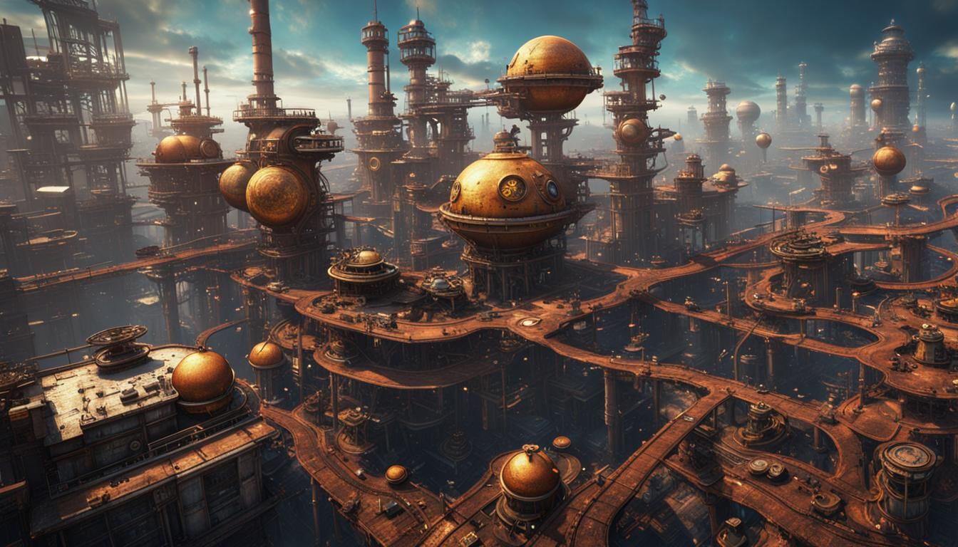 Steampunk Cityscape with High Altitude Towers