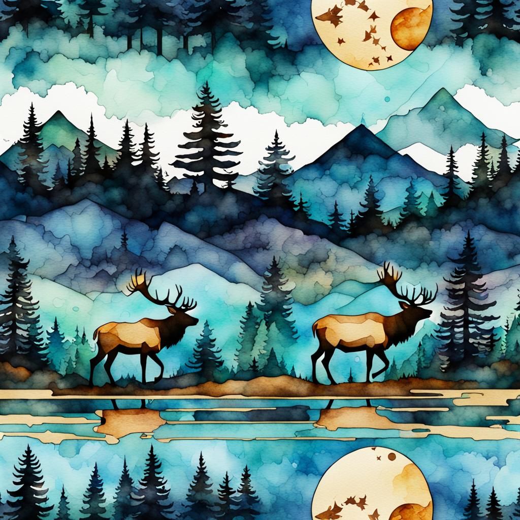 Oregon Landscape with Elk in Watercolor Batik Style