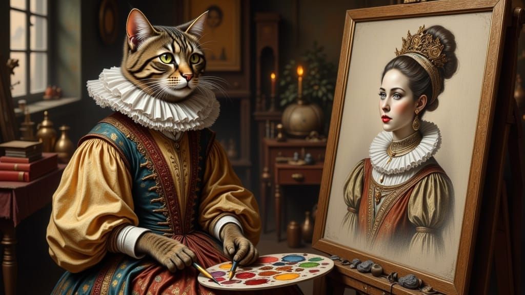 <lora:Wizard Cats Flux:1.0> <lora:Feline Flux:1.0> <lora:Charcoal and pencil:1.0> <lora:JM Comic:1.0> Contemplating oil ...