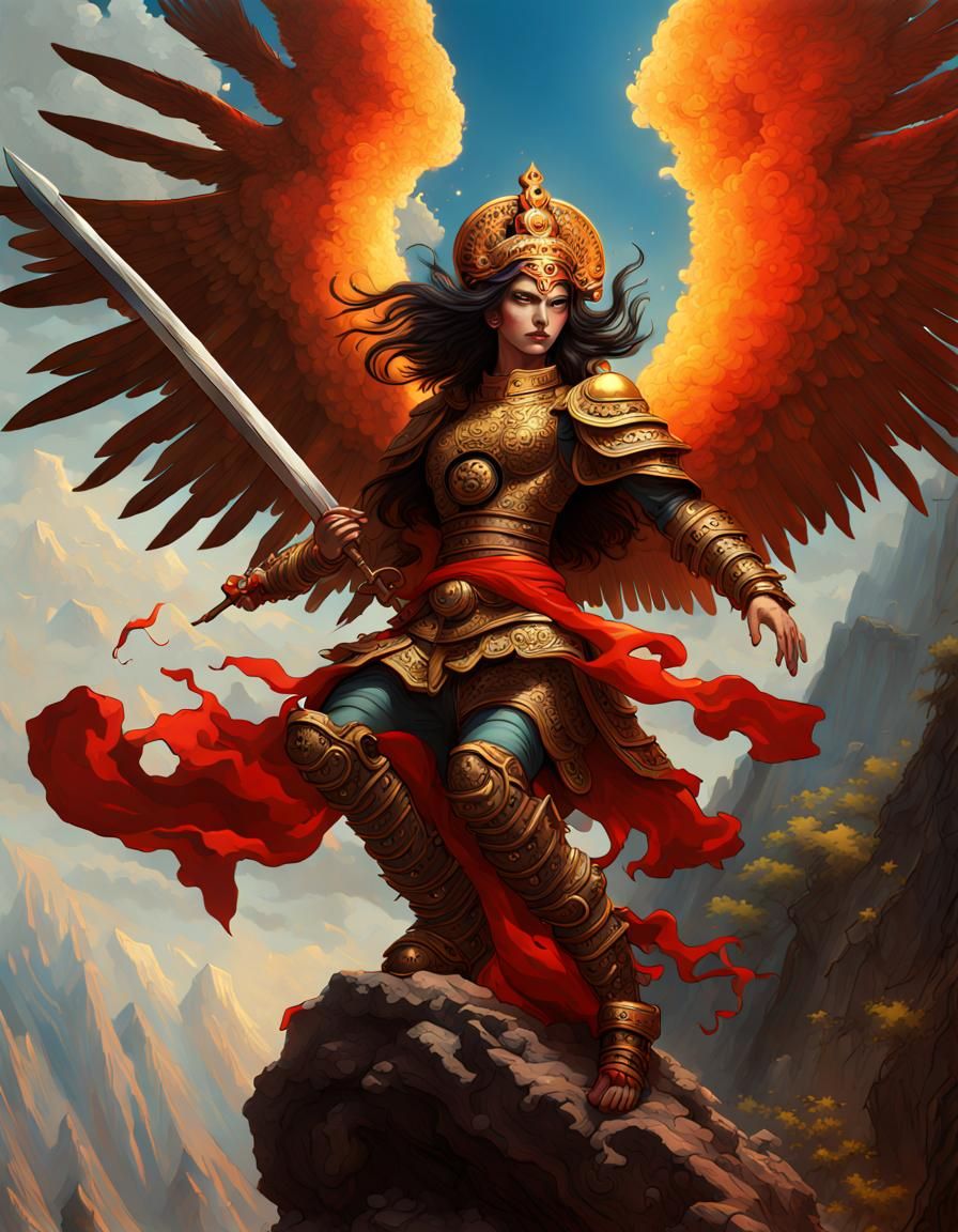 Angel Soaring Above Rakshasa in Splash Art Style