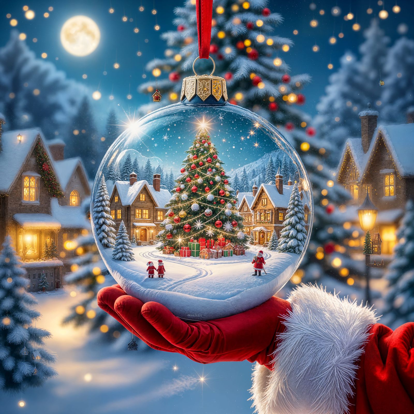 Enchanting Christmas Town in Ornament Held by Santa