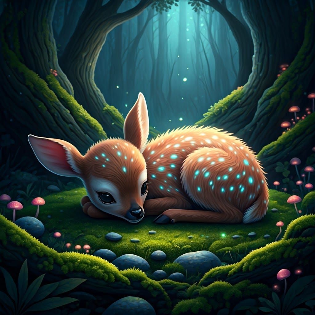 Whimsical Fawn in Dreamlike Forest with Bioluminescent Patte...