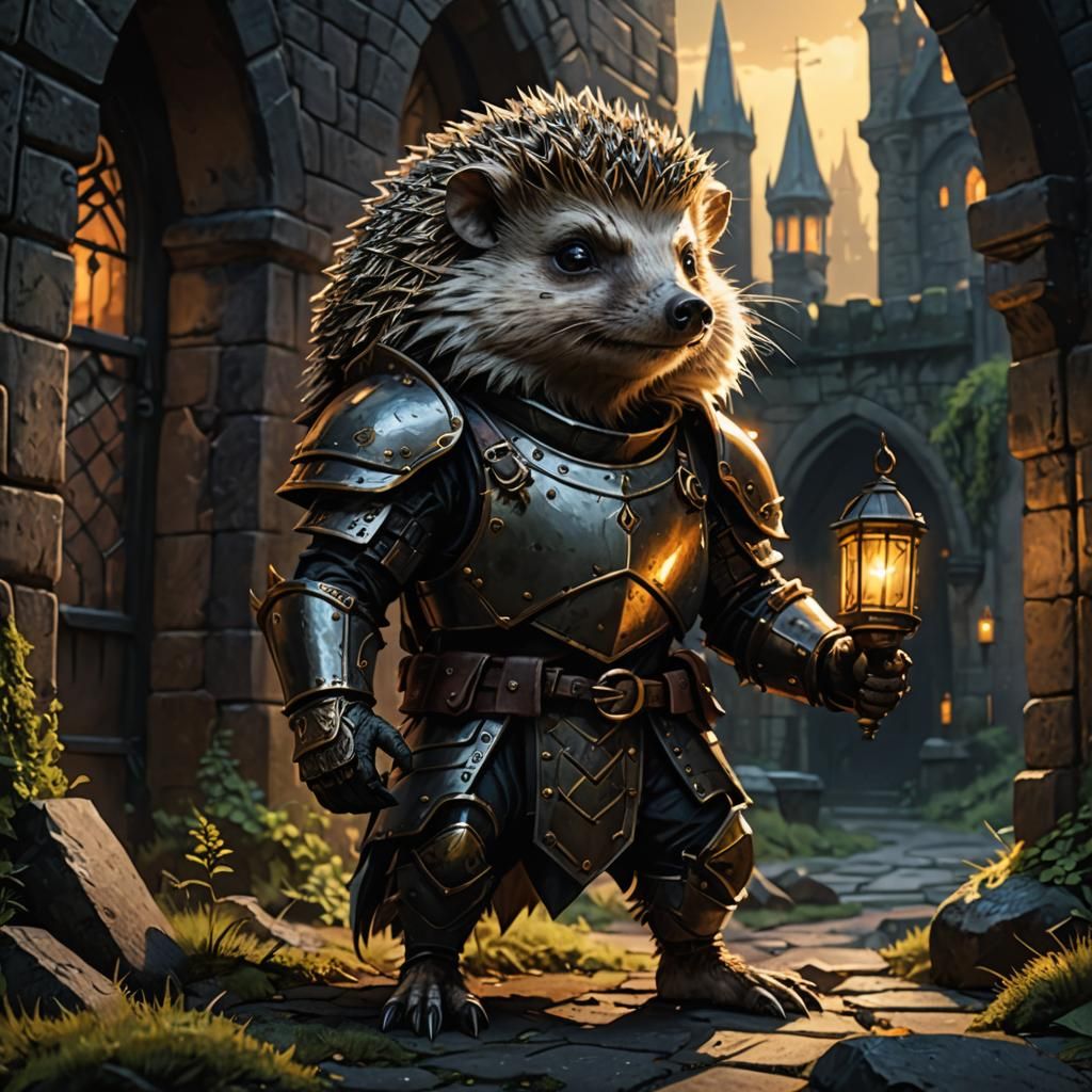 Armored Hedgehog in Gothic City: Dark Fantasy Art