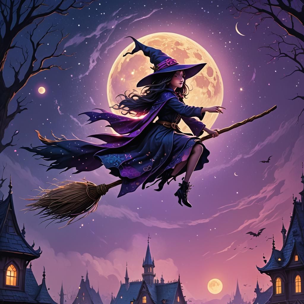 Cute Witch Flying on Broom in Fantasy Art