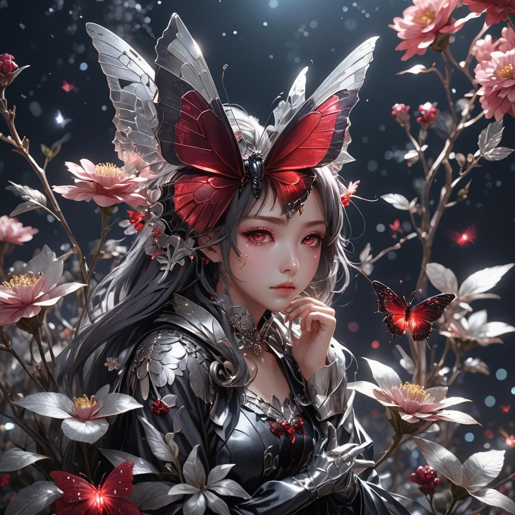 Ruby Butterfly on Silver Flower, Anime Art