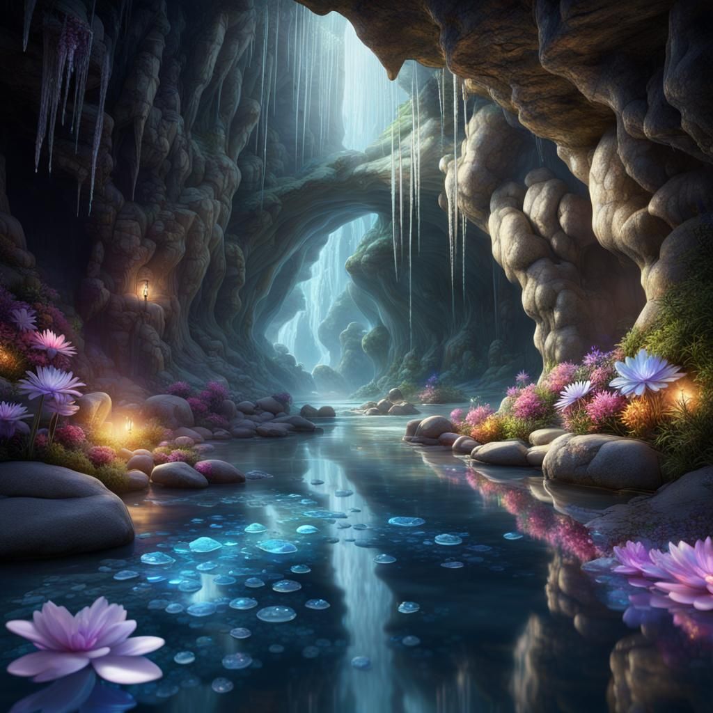 Iridescent River Flows Through Sparkling Crystal Cave