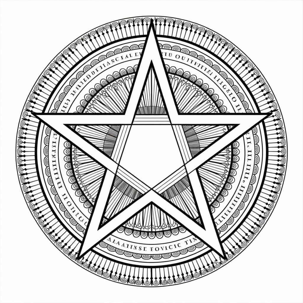 Pentacle Surrounded by Detailed Black and White Mandala